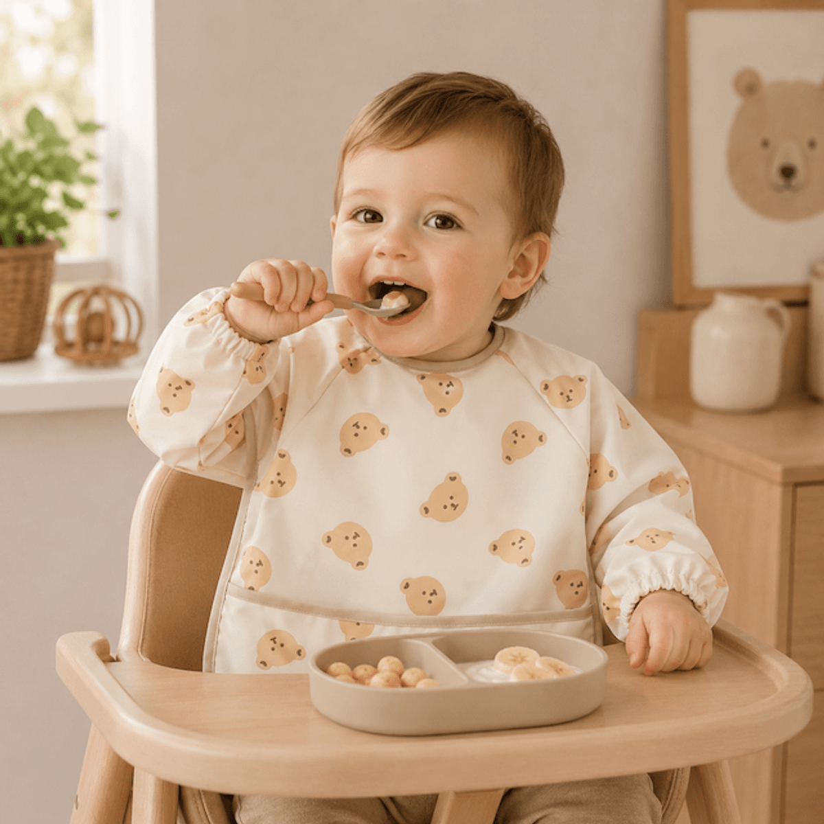 Troller Kids | Smekke Forkle med lang arm | Beige bamse | Small