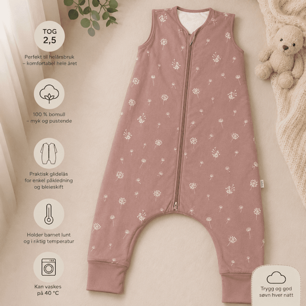 Fillikid | Helårs nattpose med ben | Str. 80 | Dandelion Pink